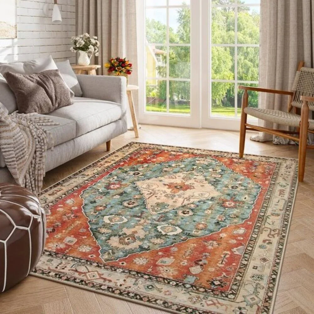 5x7 Boho Tribal Rug, Washable Distressed Rust/Teal Carpet for Living & Dining